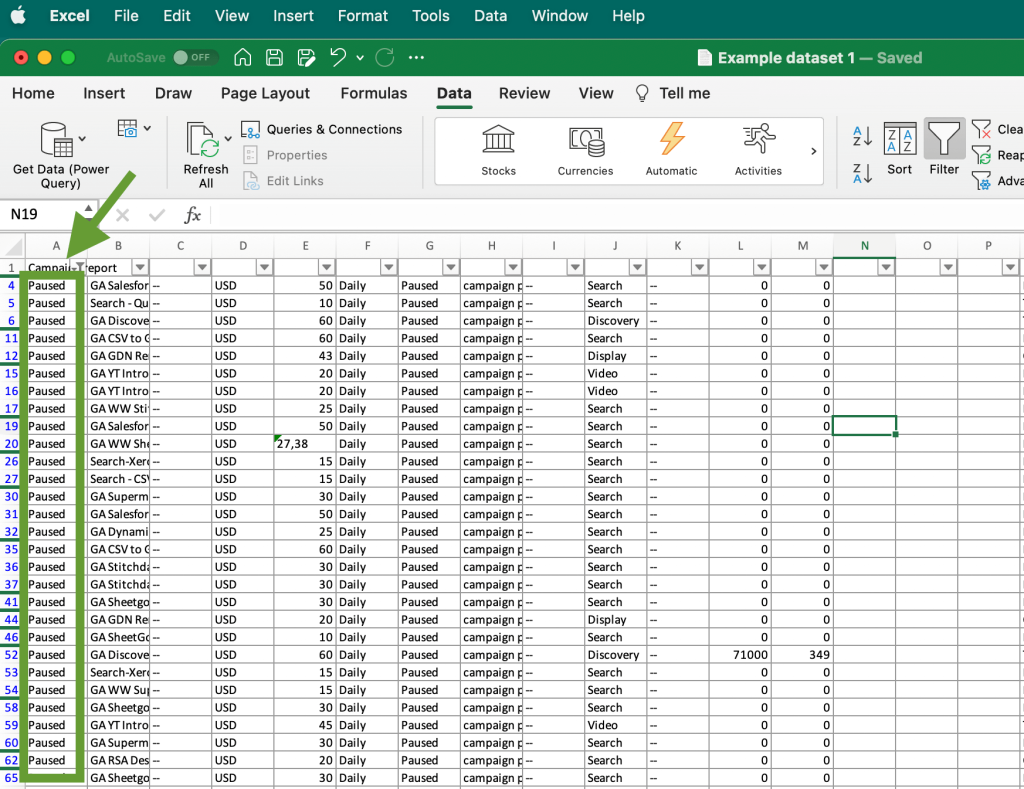6. Filtered data example Excel