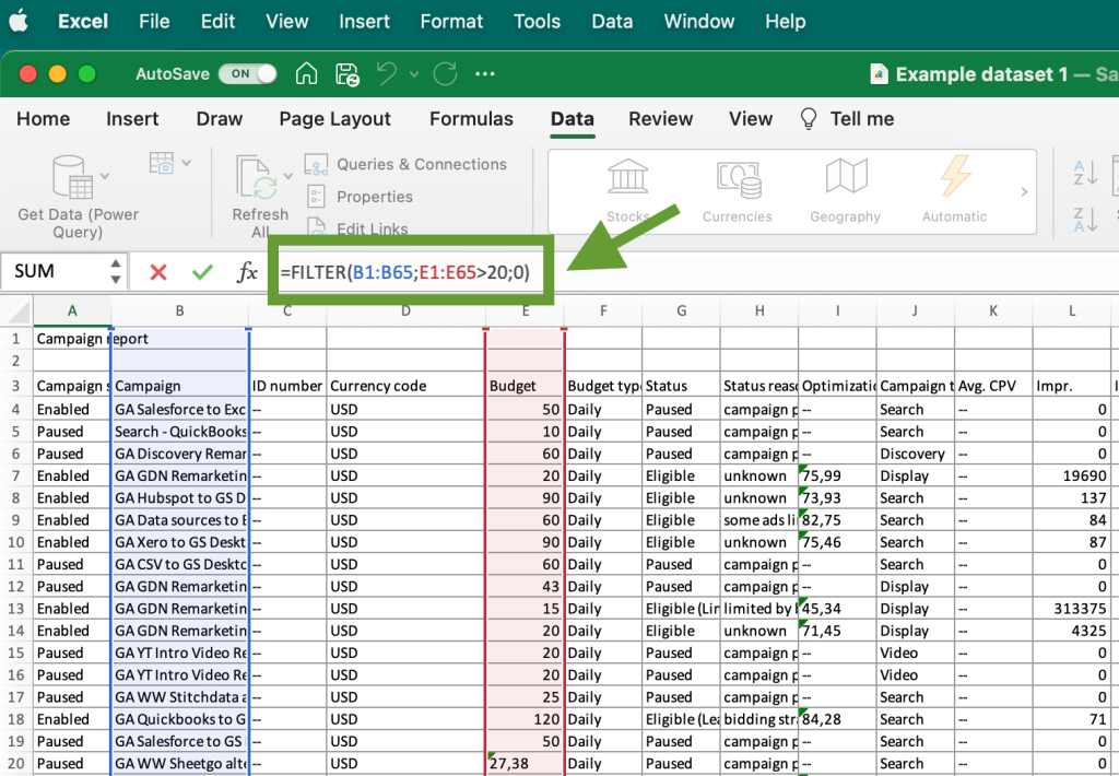 7. Excel filtere data with a formula
