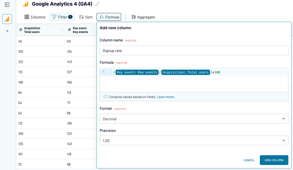 9. Creating a custom signup rate metric with Coupler.io using Google Analytics data