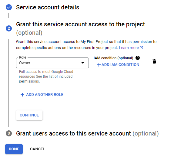 18 enter service account details