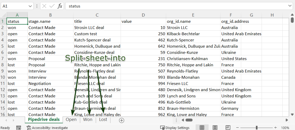 2.pipedrive deals split excel sheet
