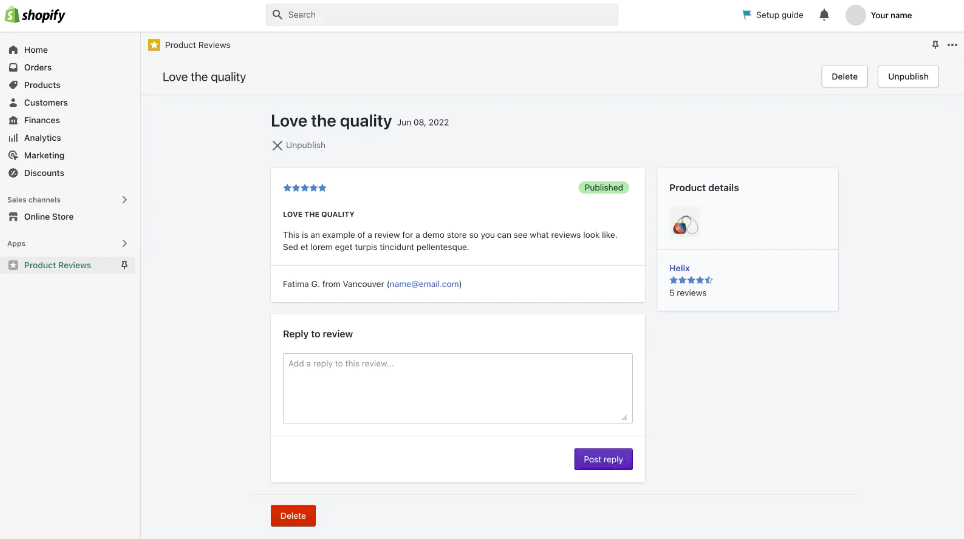6 product reviews by shopify