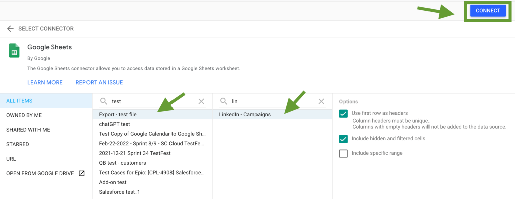 3.Google Sheets to Looker Studio select sheet