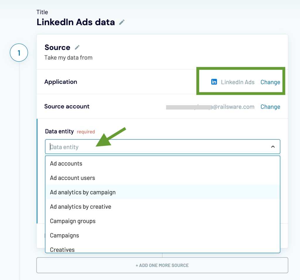 8 Coupler.io LinkedIn Ads to Google Sheets. select data entity