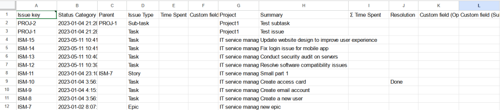 16 exported google sheets