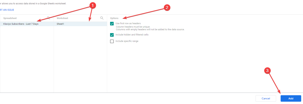 19 select google sheet to connect klaviyo to looker studio