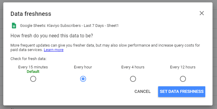 25 set data refresh rate to automate klaviyo to looker studio
