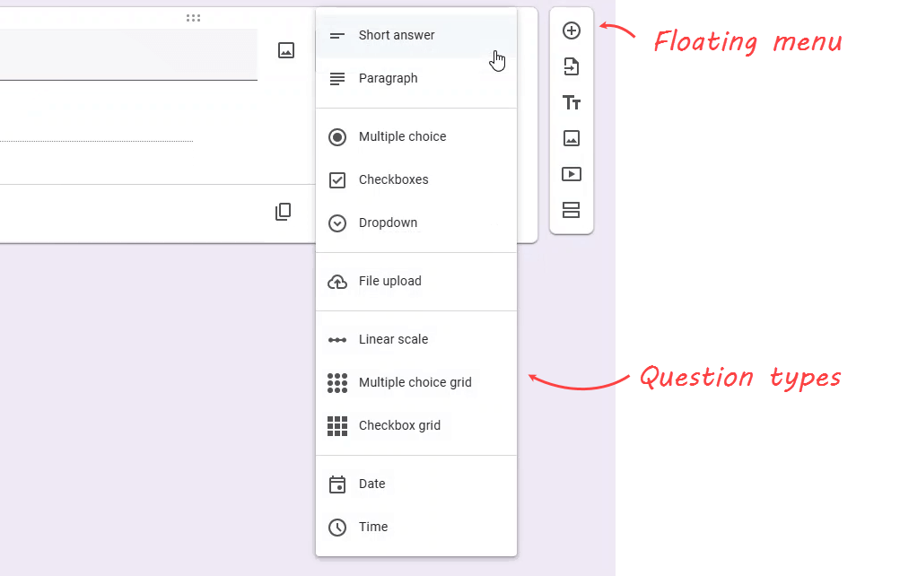 Figure 3.3.1. Google Forms field types and menu
