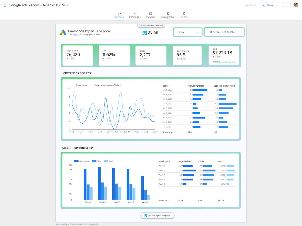 Google Ads overview report by Avian.io