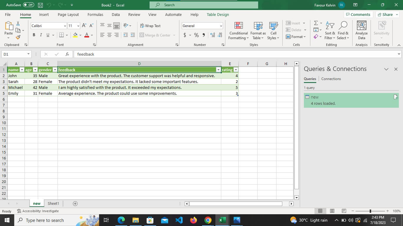 resultado do Excel a partir do json