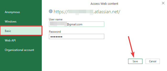 introducir credenciales para conectar jira api a excel