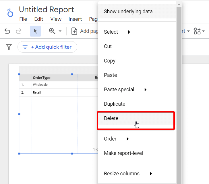 Figure 17. Deleting a table from the report