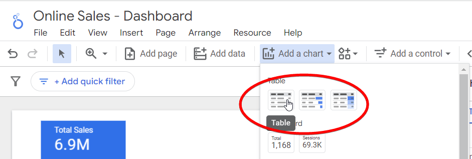 Figure 35. Selecting Table from the chart type dropdown