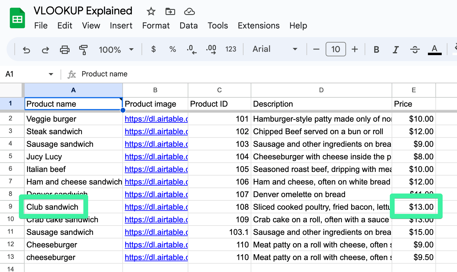 Ejemplo de conjunto de datos importado de Airtable