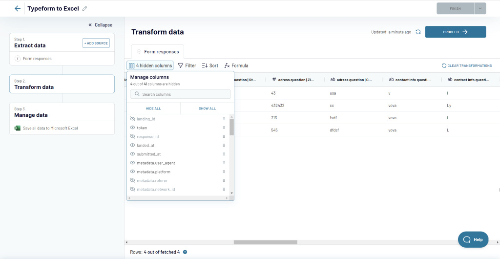 2 step 2 transform data typeform excel