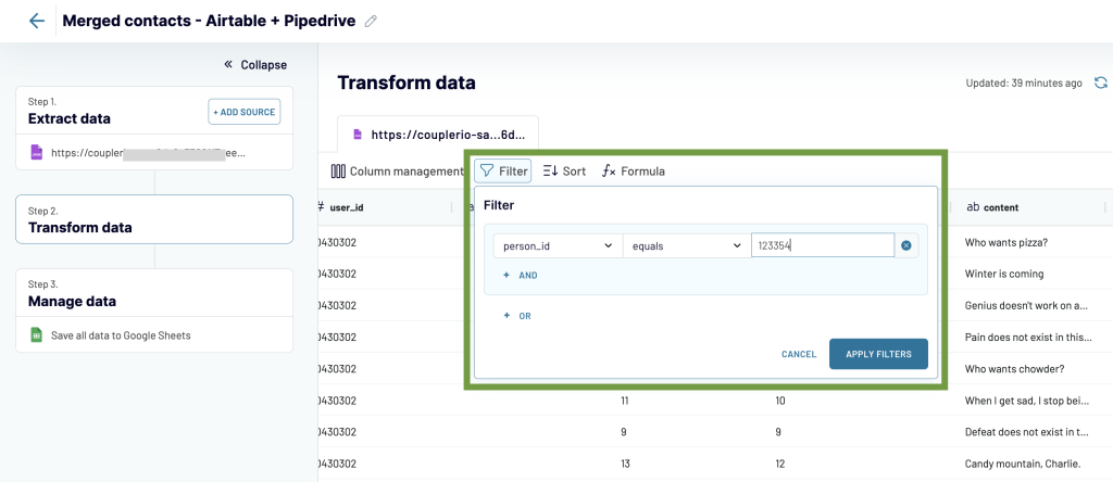 2. Pipedrive filter data