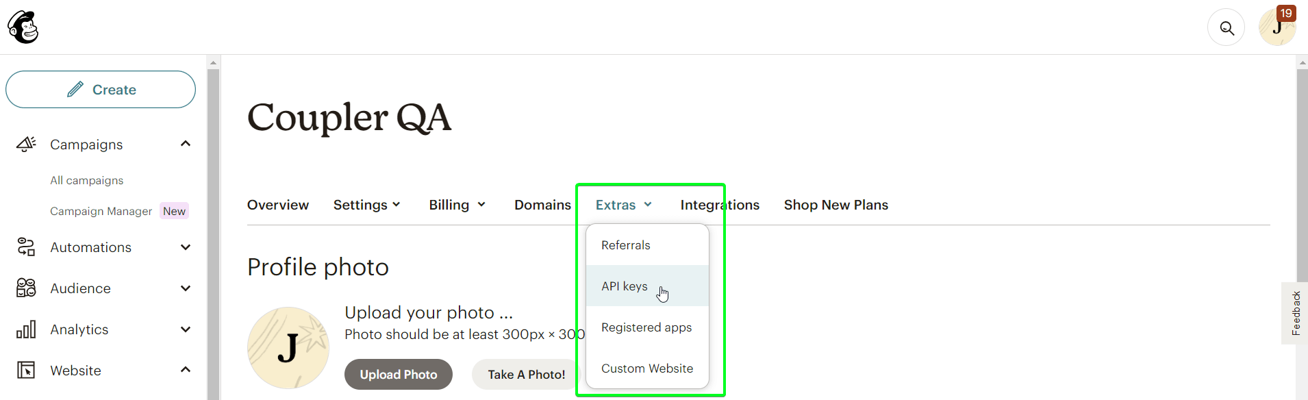 5.2 claves api extras de la cuenta mailchimp