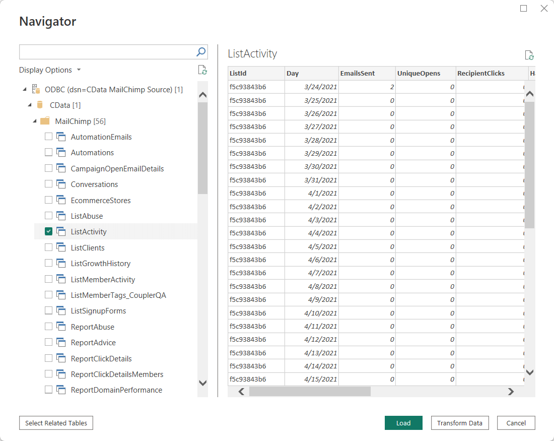 7.3 alimentación bi desde odbc mailchimp navigator