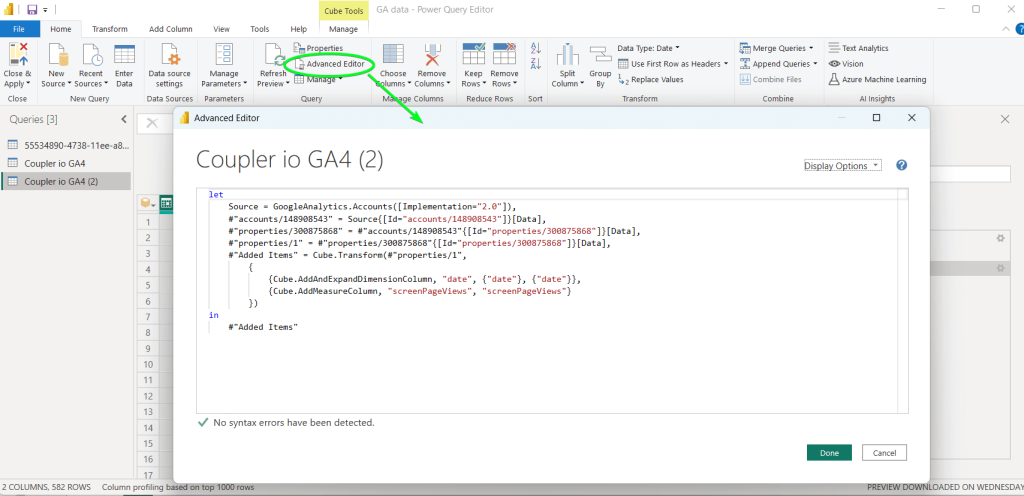 7.4 power bi google analytics advanced query editor