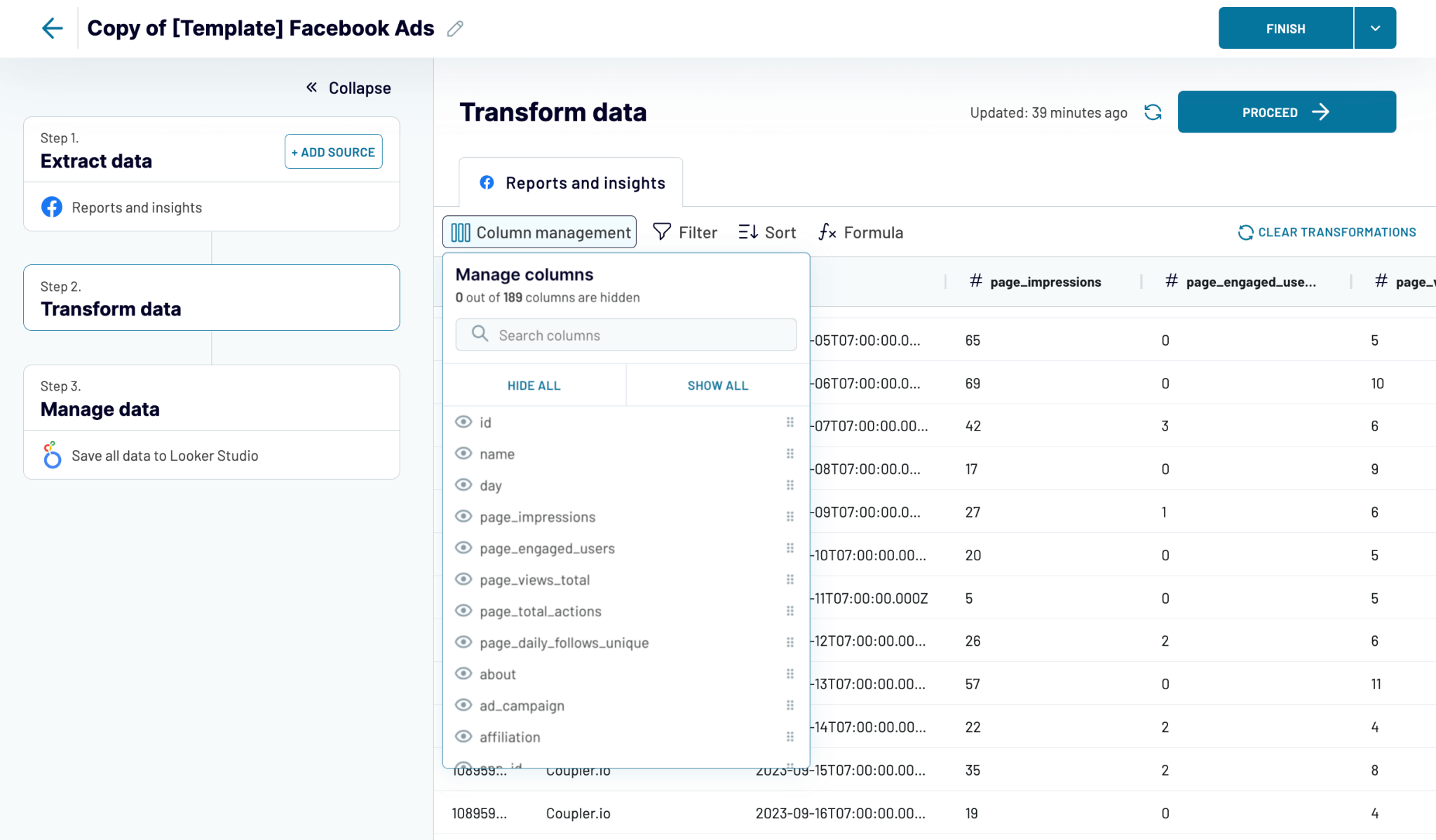 transformar los datos de Facebook Ads