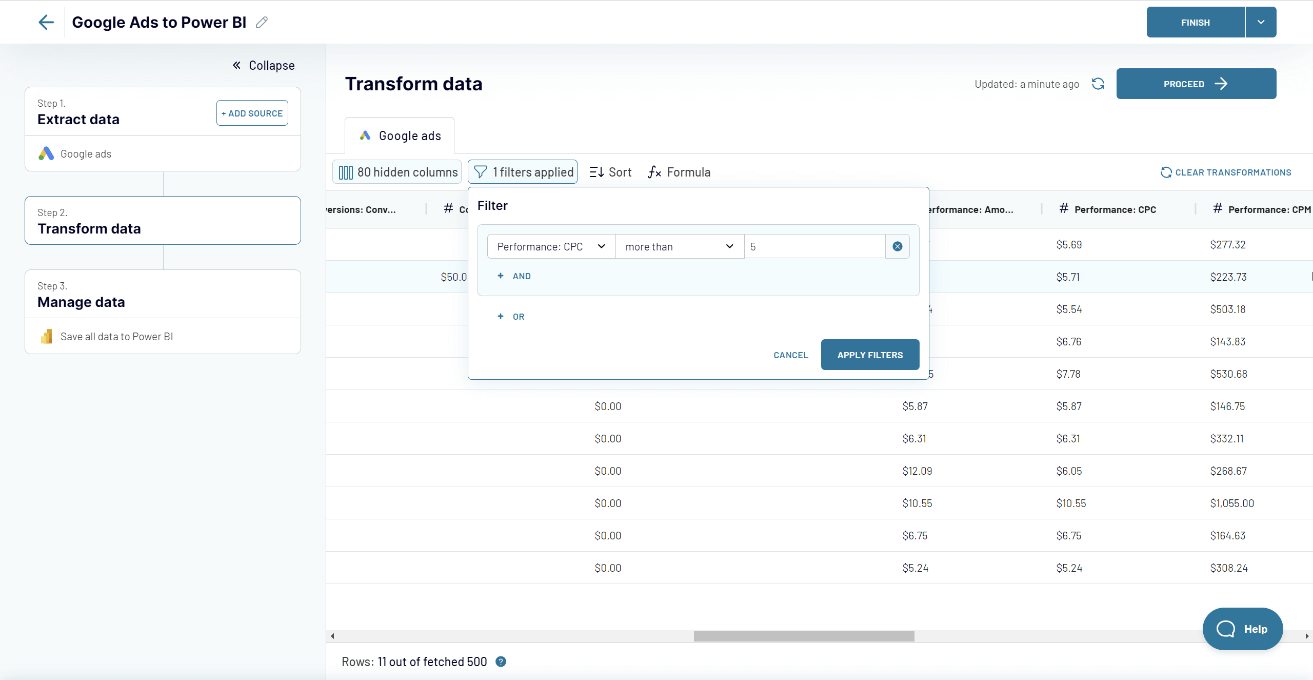 step2 transformar dados google ads power bi