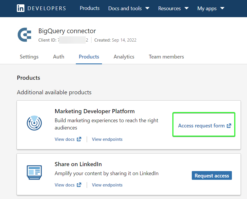3.5.2 linkedin app marketing developer platform request form link