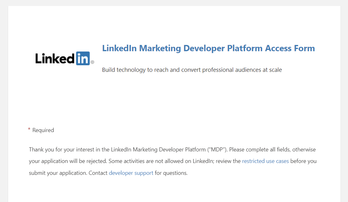 Formulaire de demande de plateforme de développement d'applications marketing linkedin