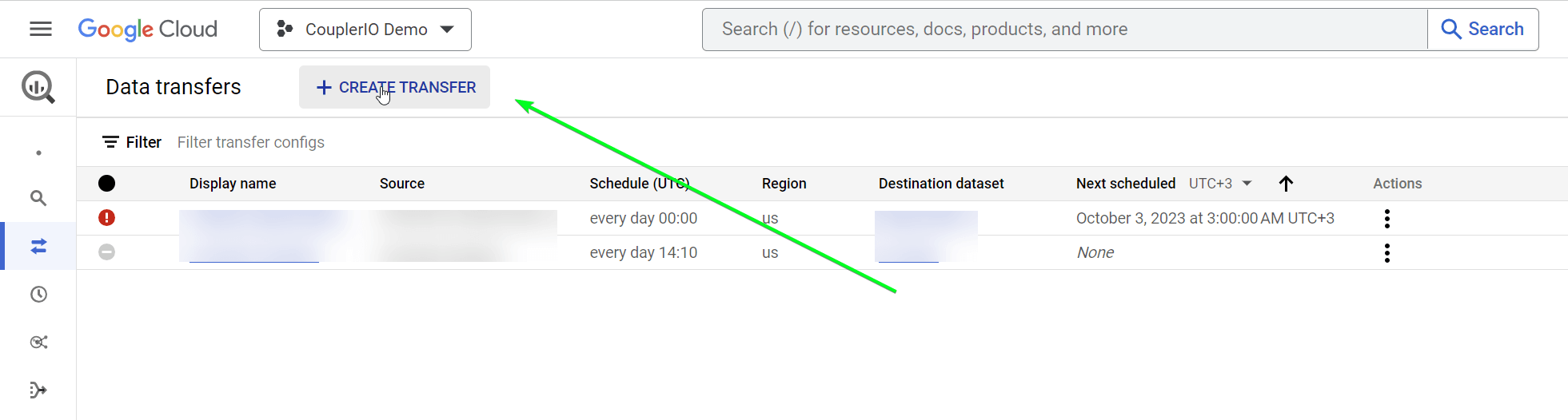 criar bigquery de transferência de dados