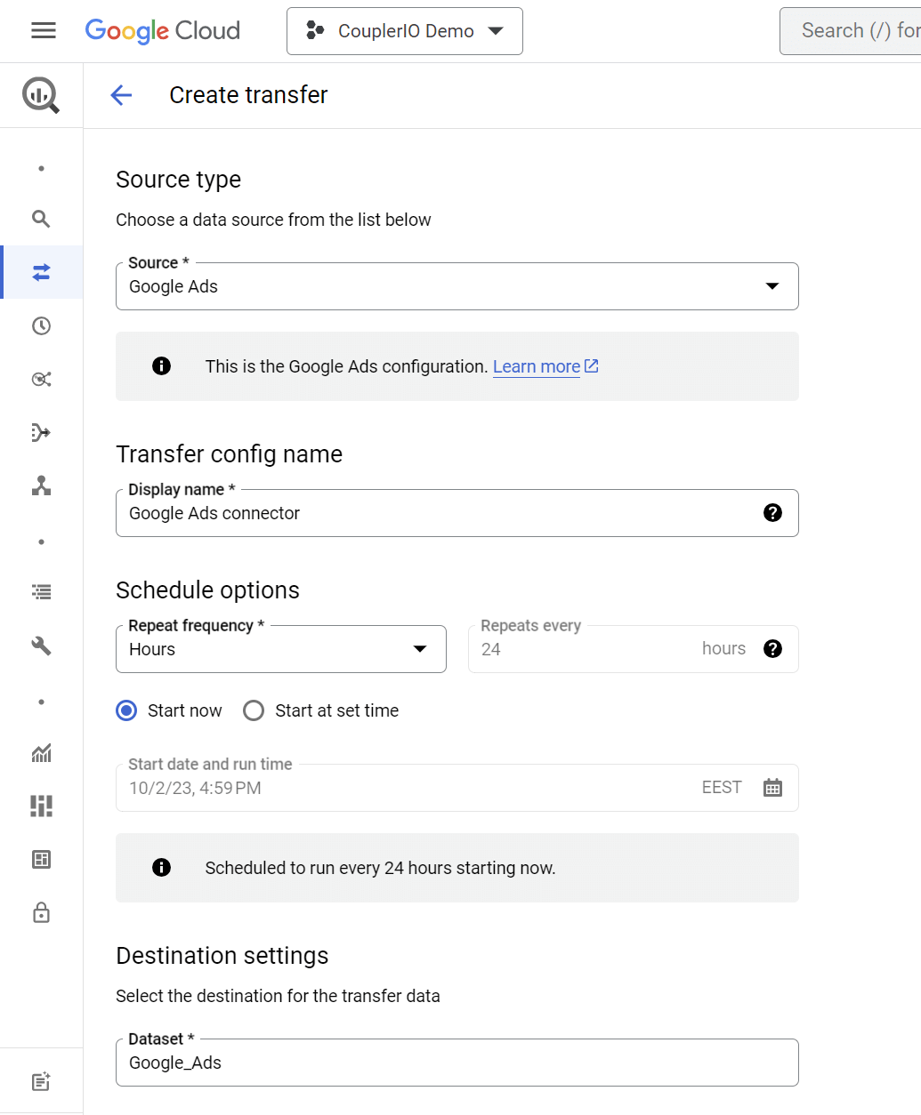 criar transferência de dados do google ads bigquery 1