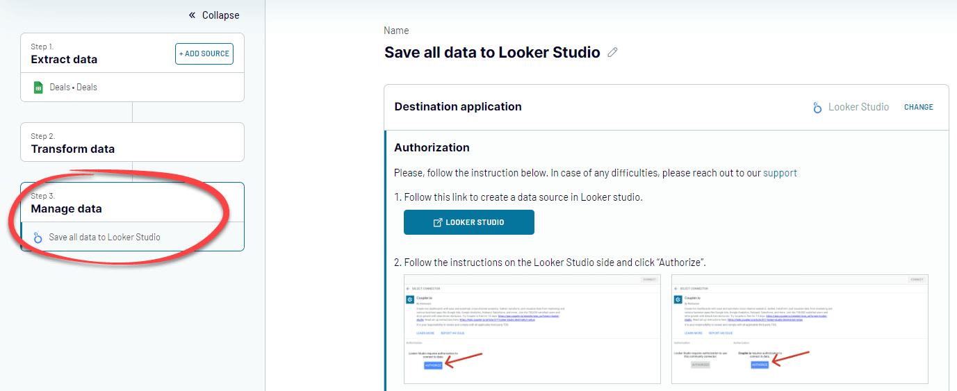 Figura 4.3.1.2. Coupler.io configurando el destino de los datos