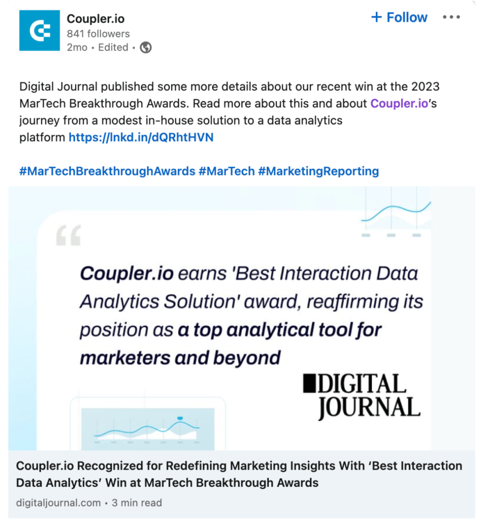 Coupler.io Martech breakthrough award