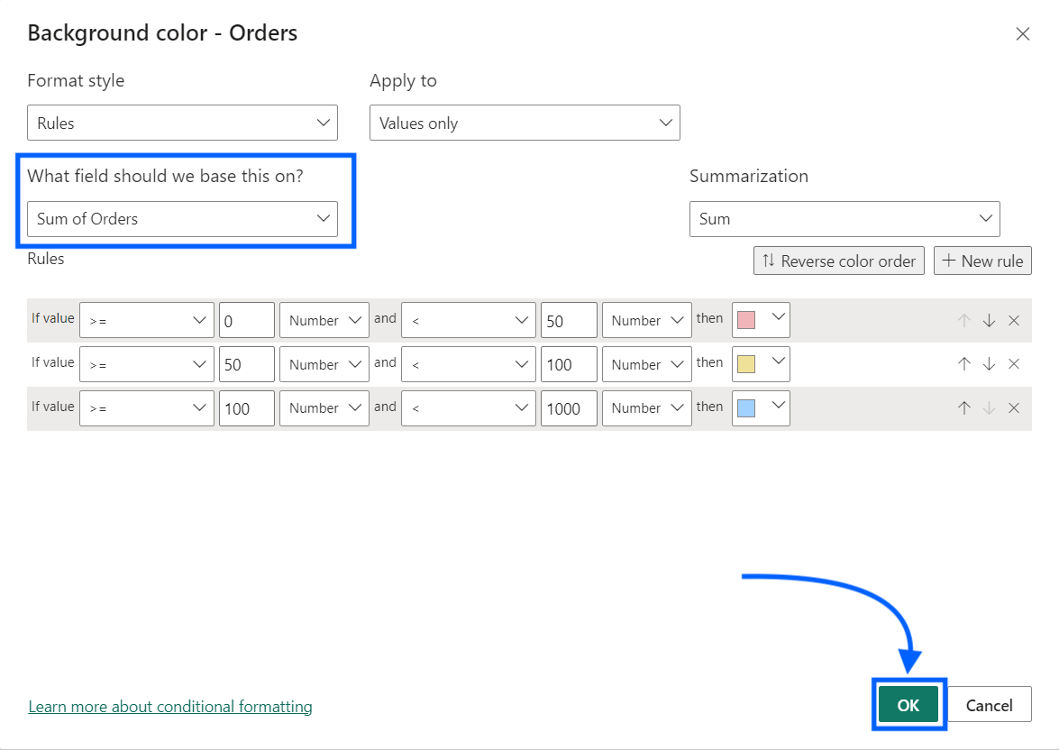 Formato condicional Power bi basado en el valor del campo