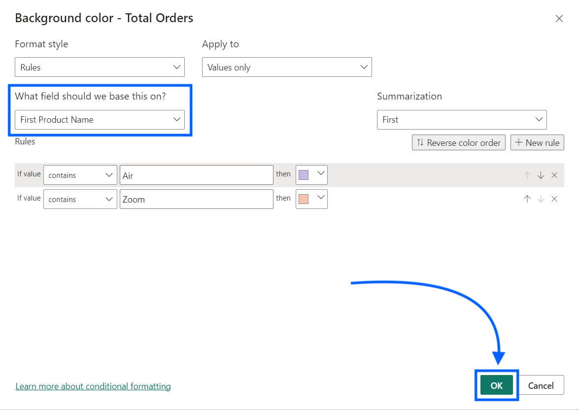 Formato condicional Power bi basado en otro campo