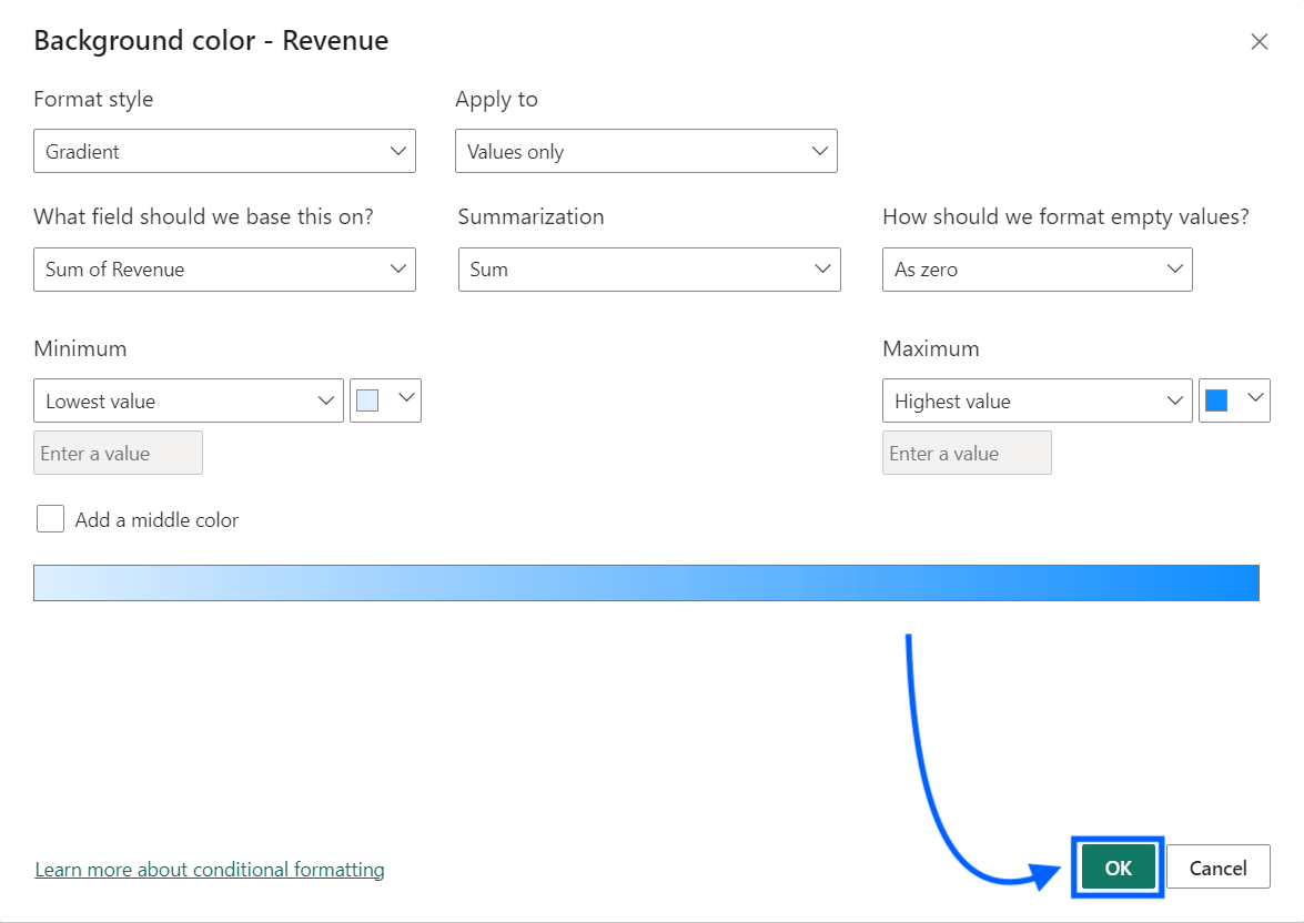 establecer la gama de colores para el formato condicional power bi
