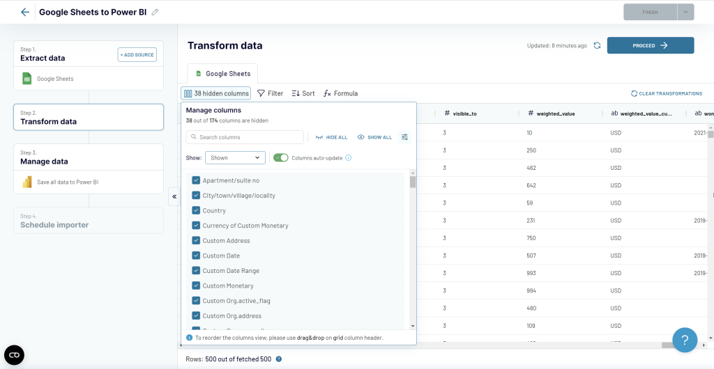 2.step .2 transform data google sheets power bi