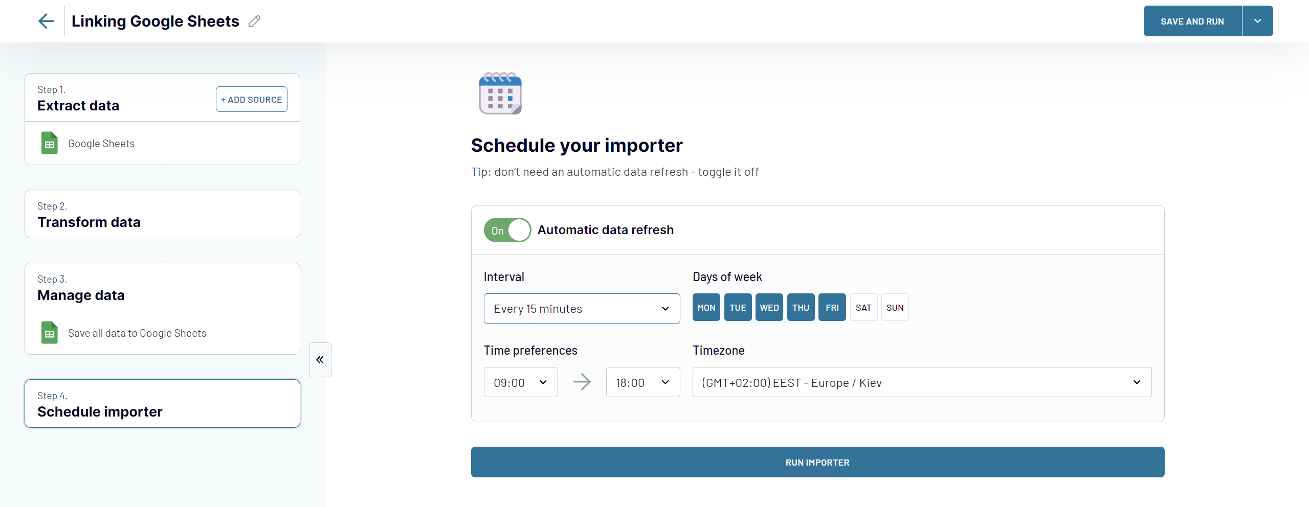 4.step4 schedule importer linking google sheets