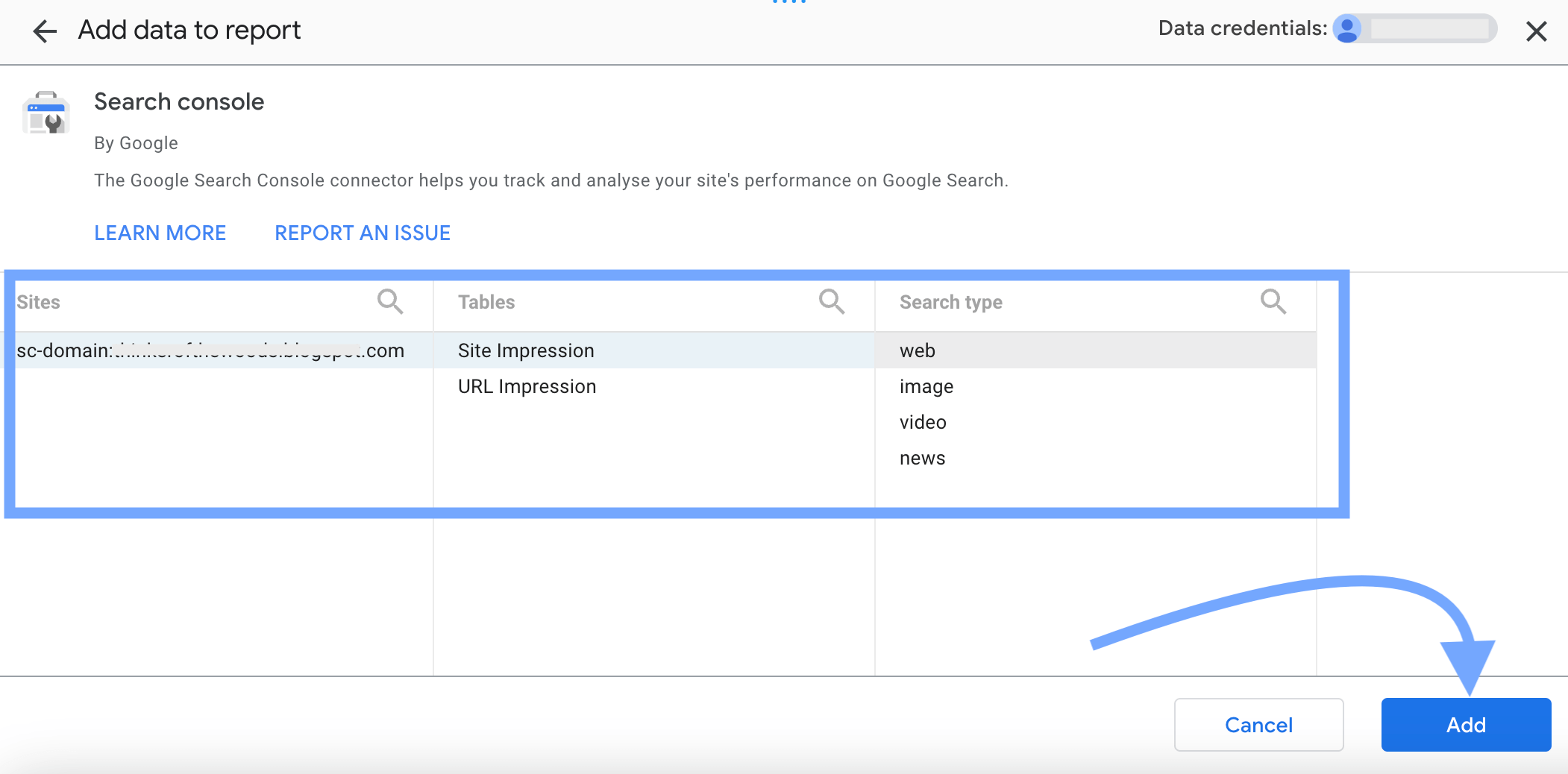 connecter la source de données Google search console à looker studio