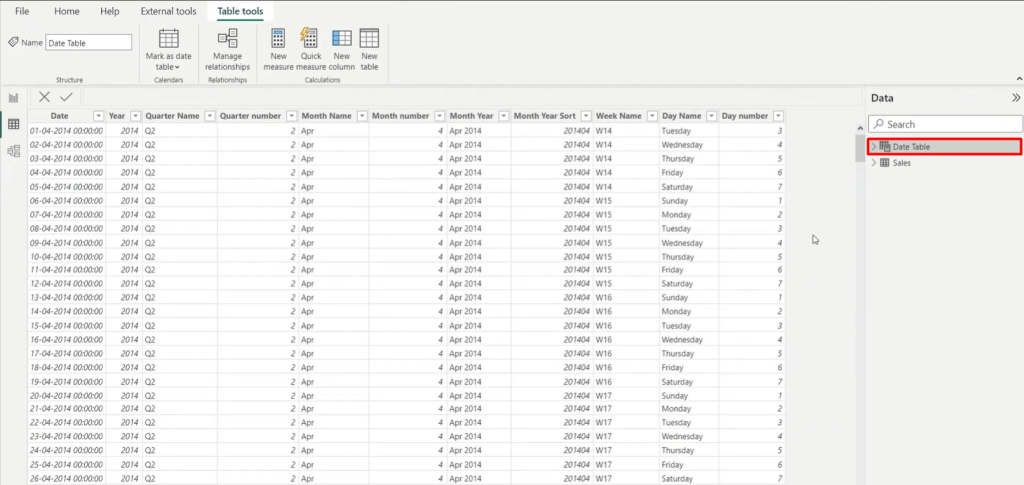 6 date table using calendar dax funtion