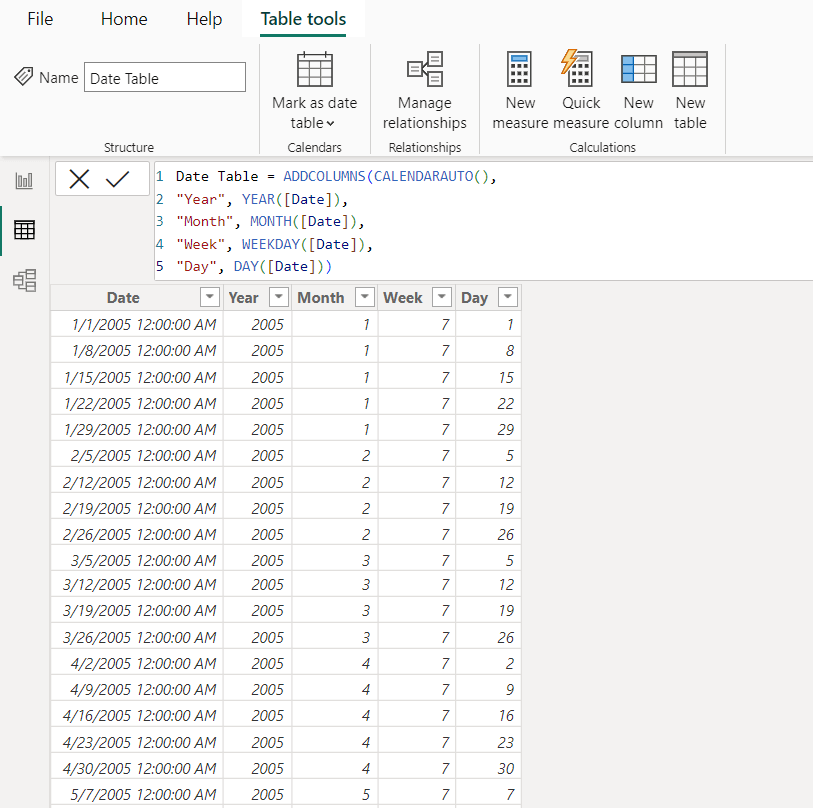 7 date table using calendarauto dax funtion