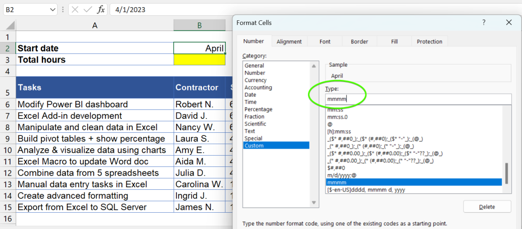 Figure 4 3 3 Format the cell to show the month name