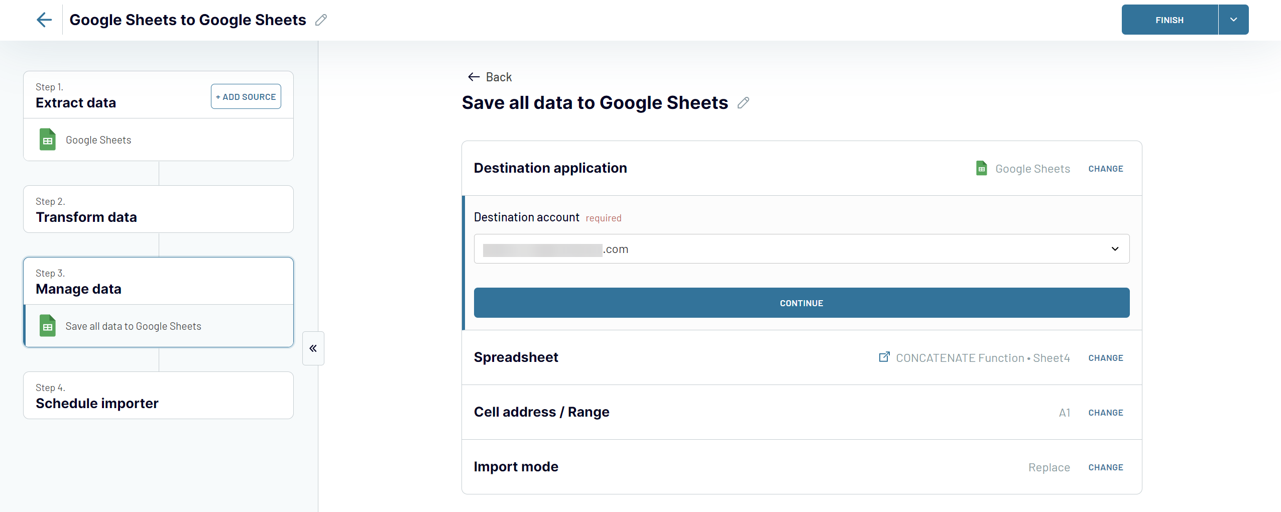 Google Sheets-Importer konfiguriert
