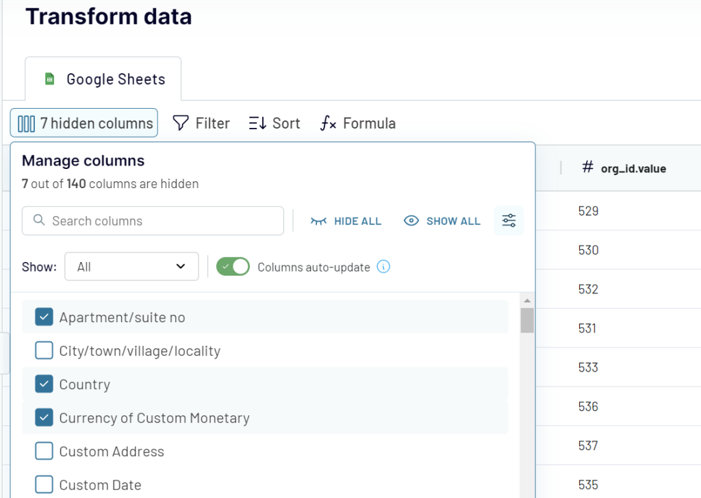 2.step2 transform data linking google sheets