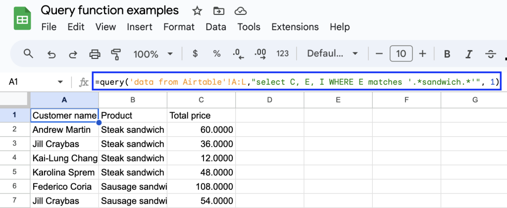 Google Sheets Query Matches example 2