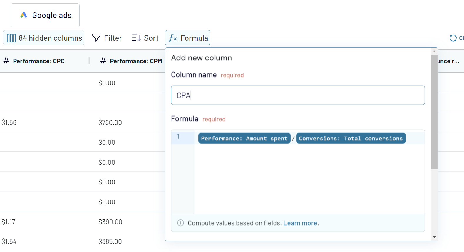 paso2 transformar datos google ads a google sheets