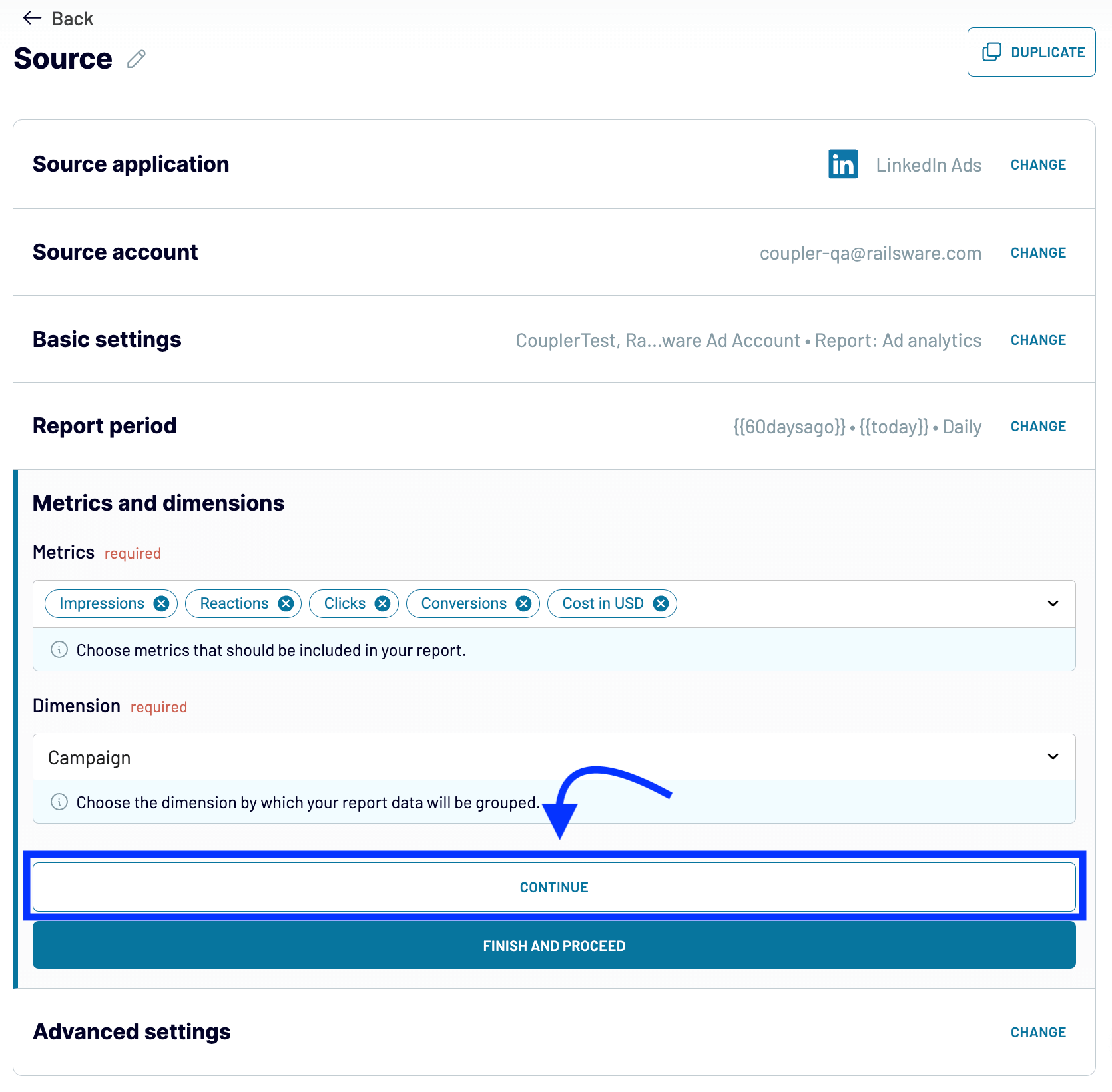 Exporter les paramètres de la source de données des LinkedIn Ads