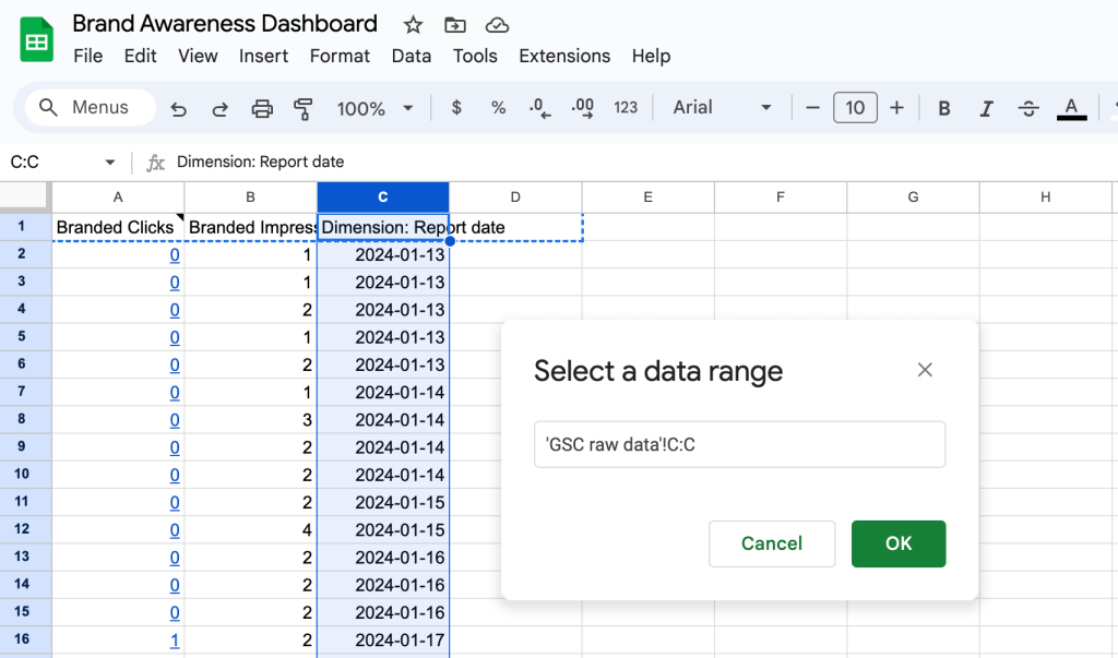 15. Select data range. build brand awareness dashboard in Google Sheets