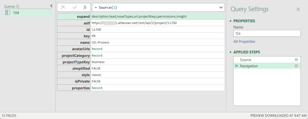 11.5. Expanded data exported from Jira API to Excel using Power Query