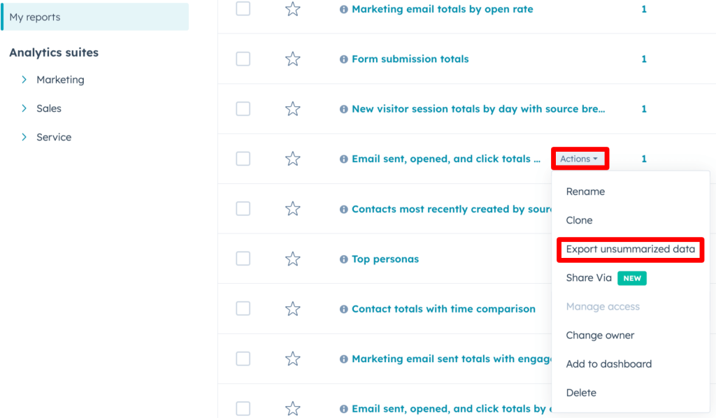 13. Choosing to export a HubSpot email report