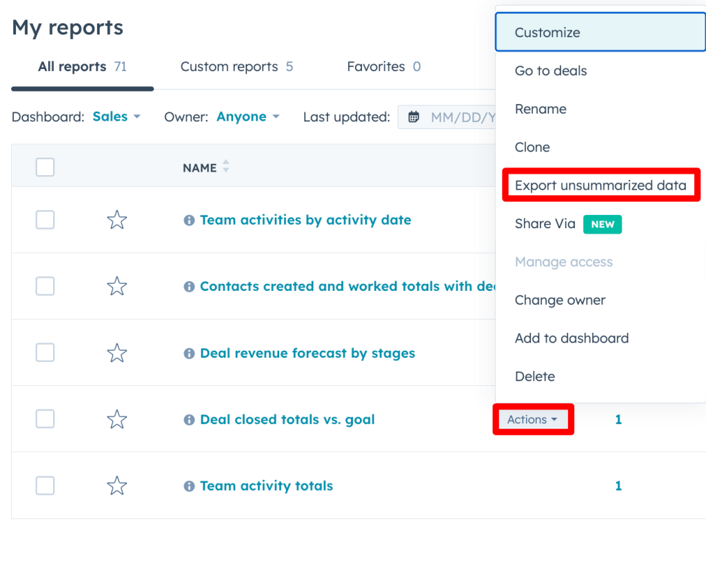 17. Choosing to export a HubSpot sales report in spreadsheet format