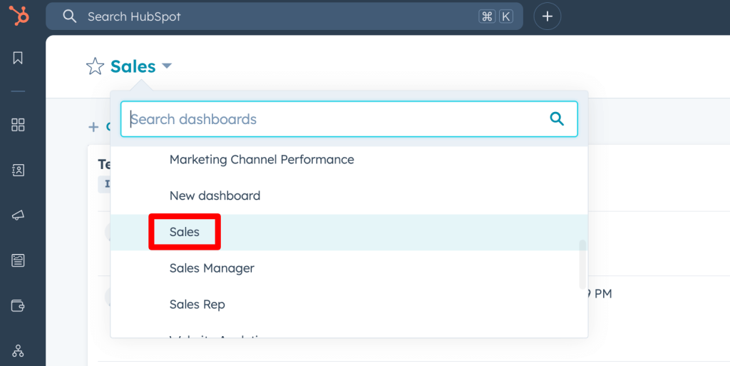 20. Finding the Sales dashboard in HubSpot s Dashboards section